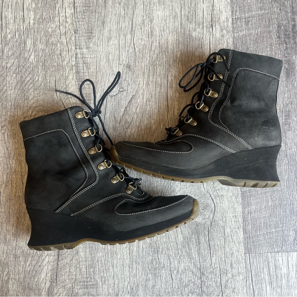 Black Wedge Lace-Up Boots